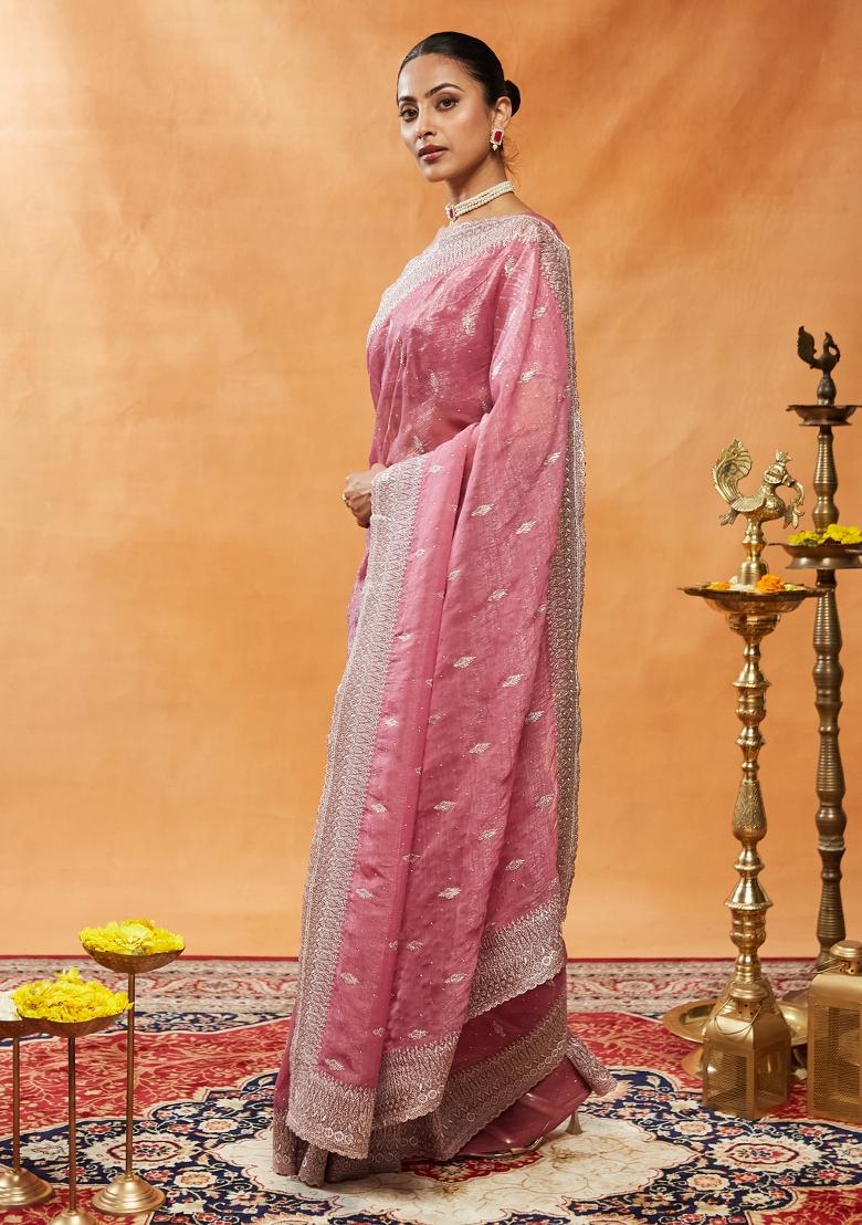 Pink Embroidered Chiffon Saree Set