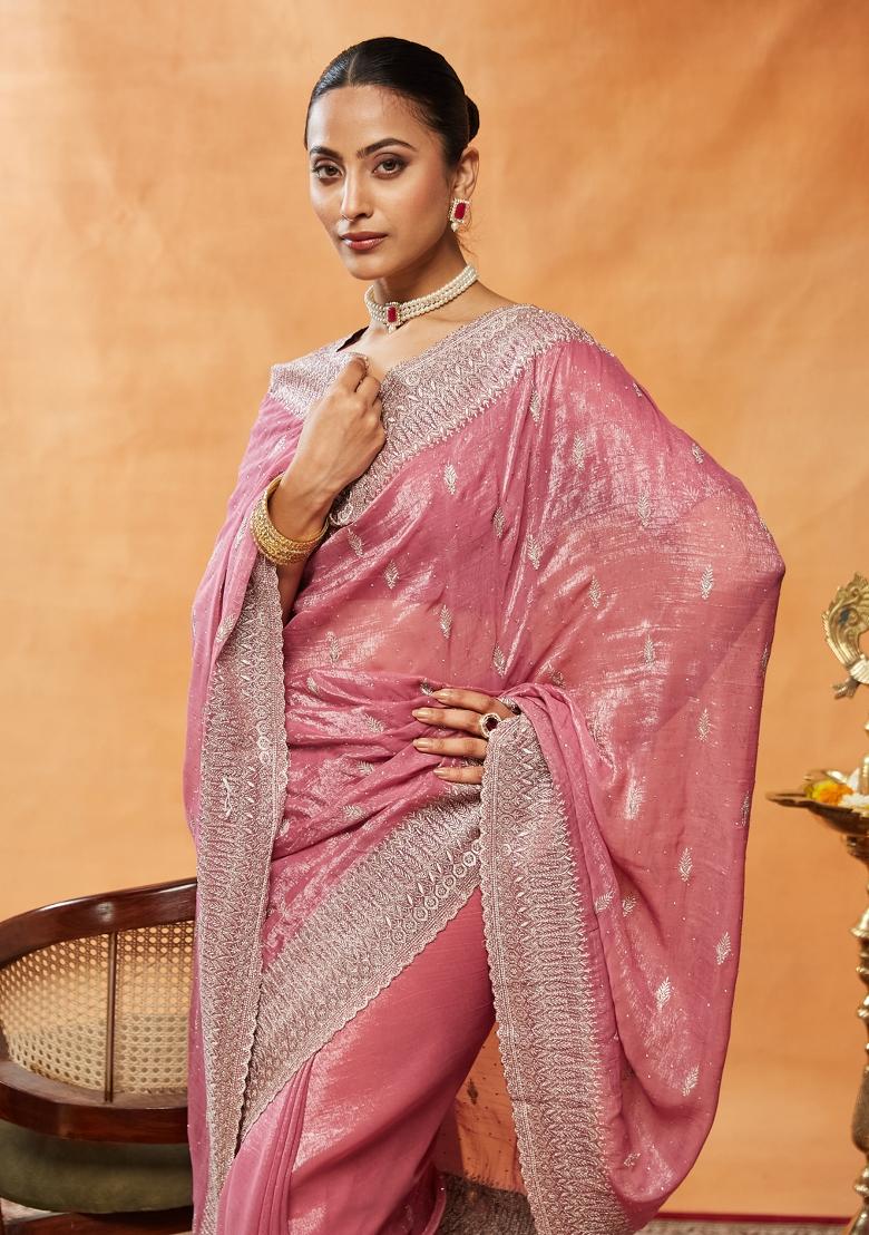 Pink Embroidered Chiffon Saree Set
