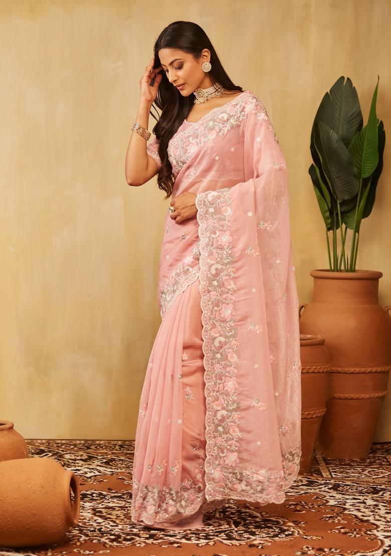 Pink Embroidered Chiffon Saree Set