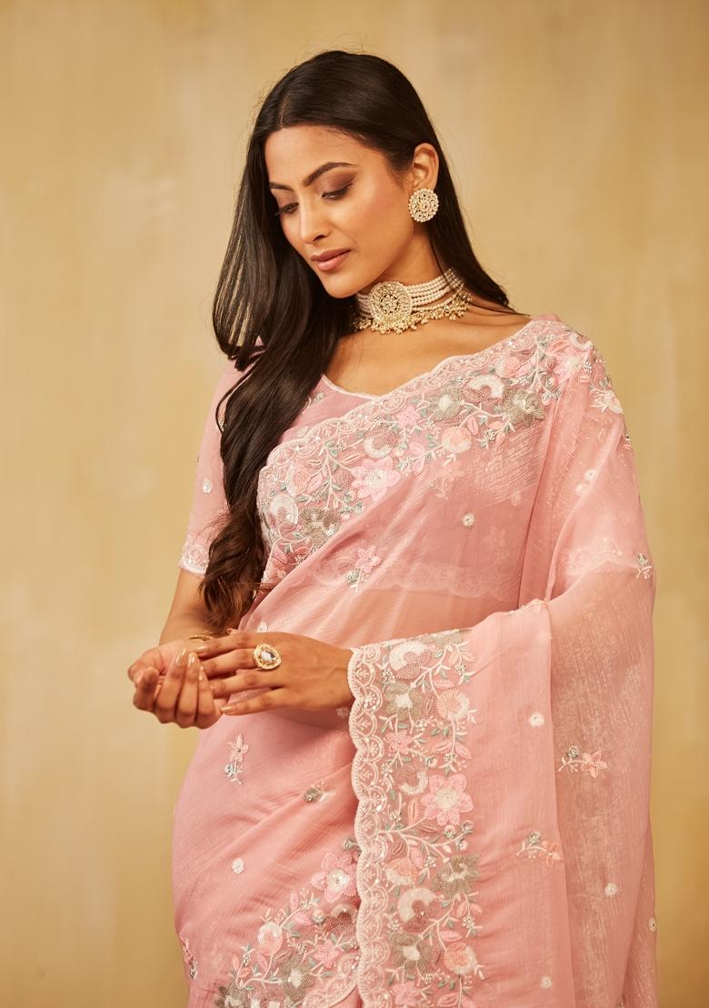 Pink Embroidered Chiffon Saree Set