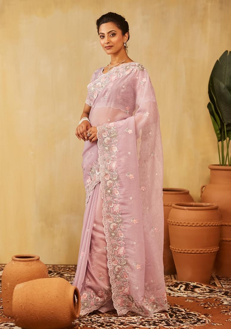 Lavender Embroidered Chiffon Saree Set