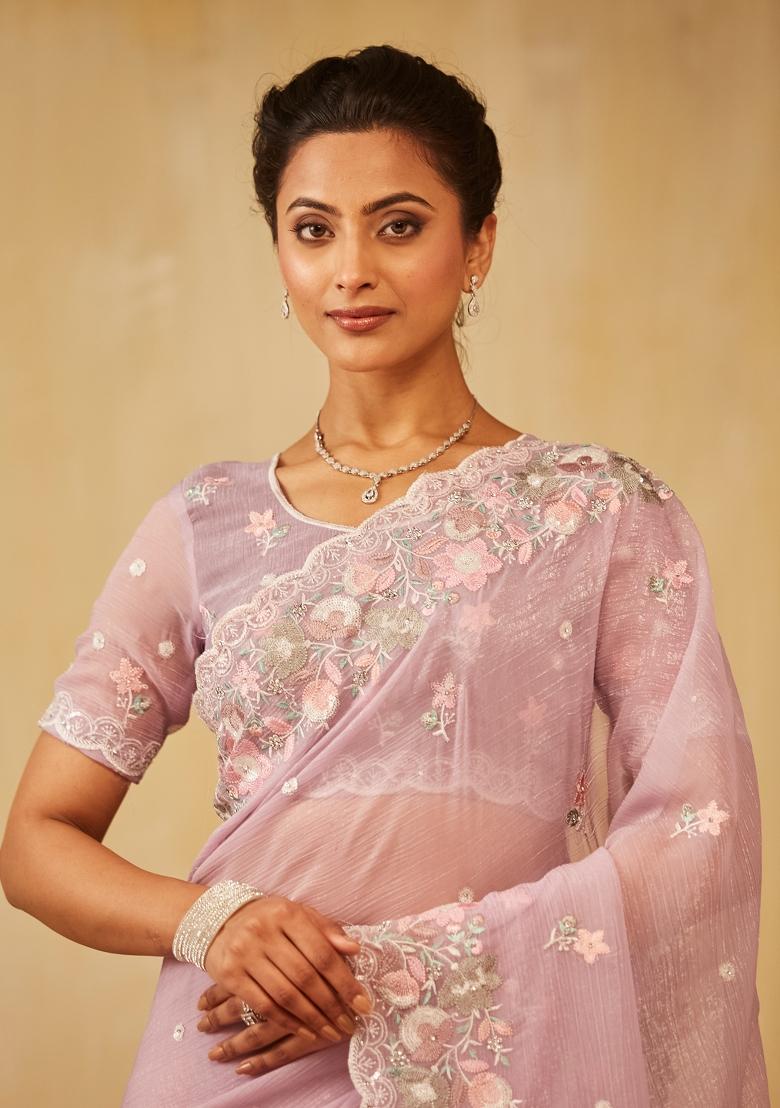 Lavender Embroidered Chiffon Saree Set