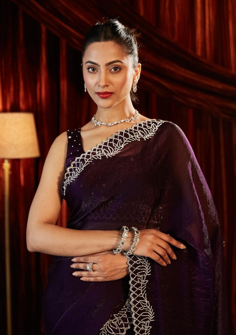 Purple Embellished Silk Blend Saree Set