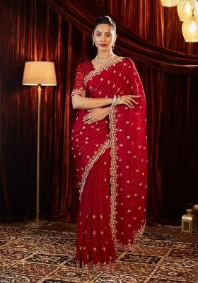 Red Embellished Silk Blend Saree Set