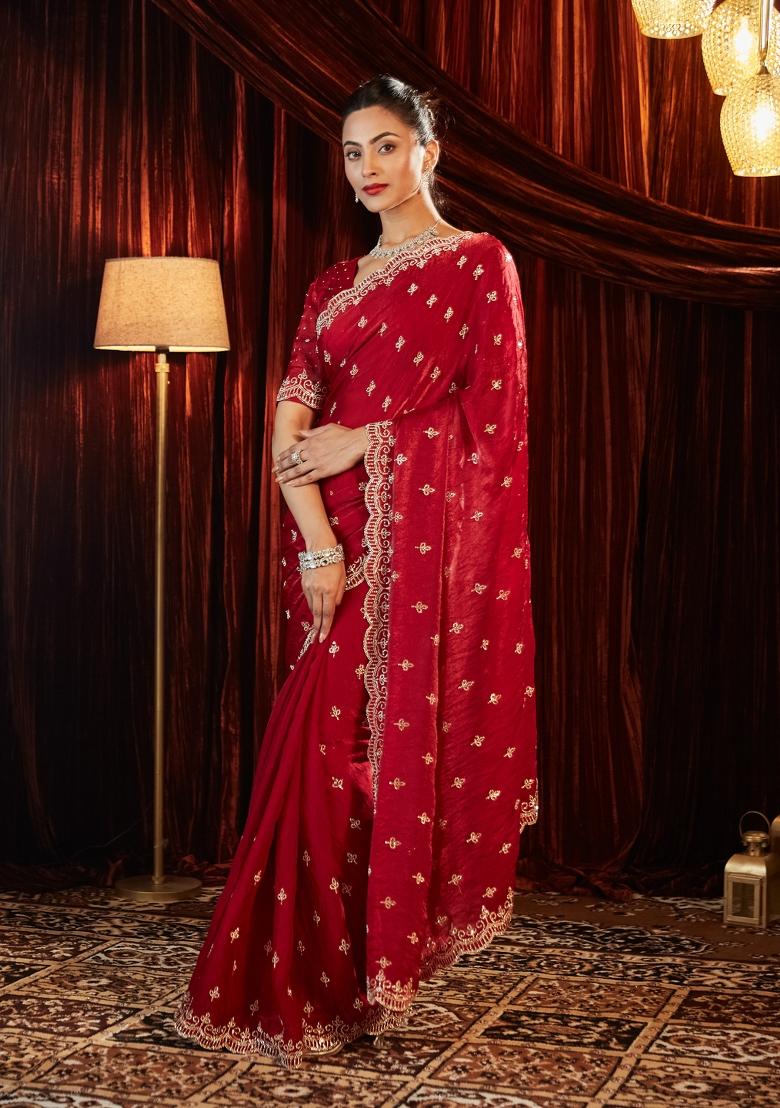 Red Embellished Silk Blend Saree Set