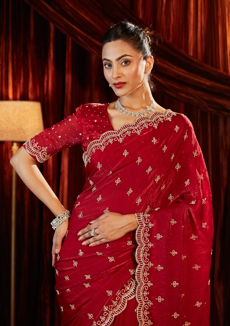 Red Embellished Silk Blend Saree Set
