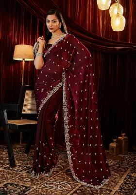 Burgundy Embellished Silk Blend Saree Set