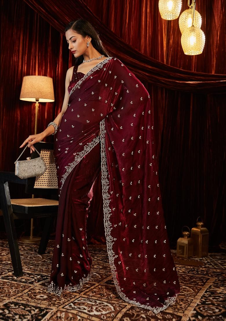Burgundy Embellished Silk Blend Saree Set