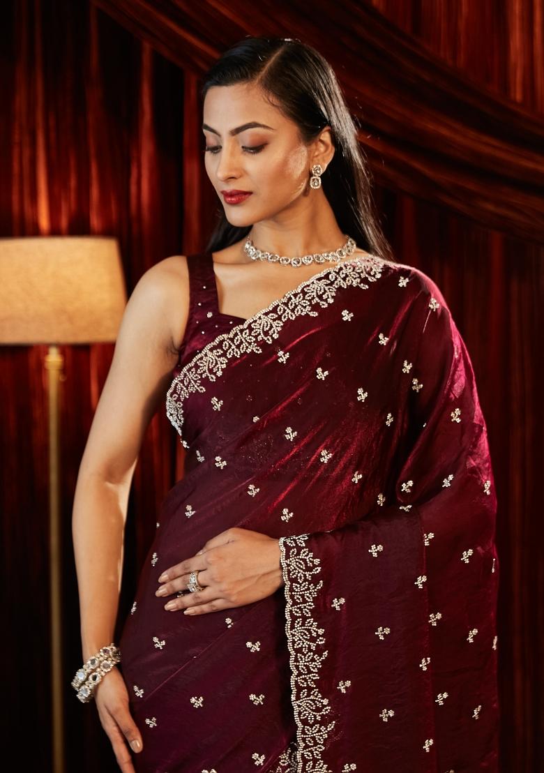 Burgundy Embellished Silk Blend Saree Set