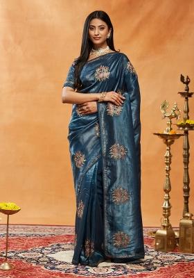Turquoise Blue Embroidered Silk Blend Saree Set