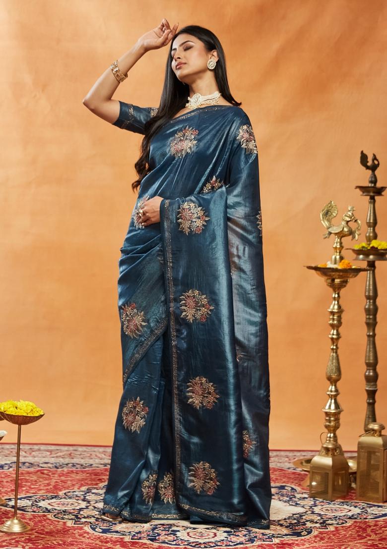 Turquoise Blue Embroidered Silk Blend Saree Set