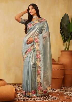 Teal Blue Embroidered Organza Saree Set