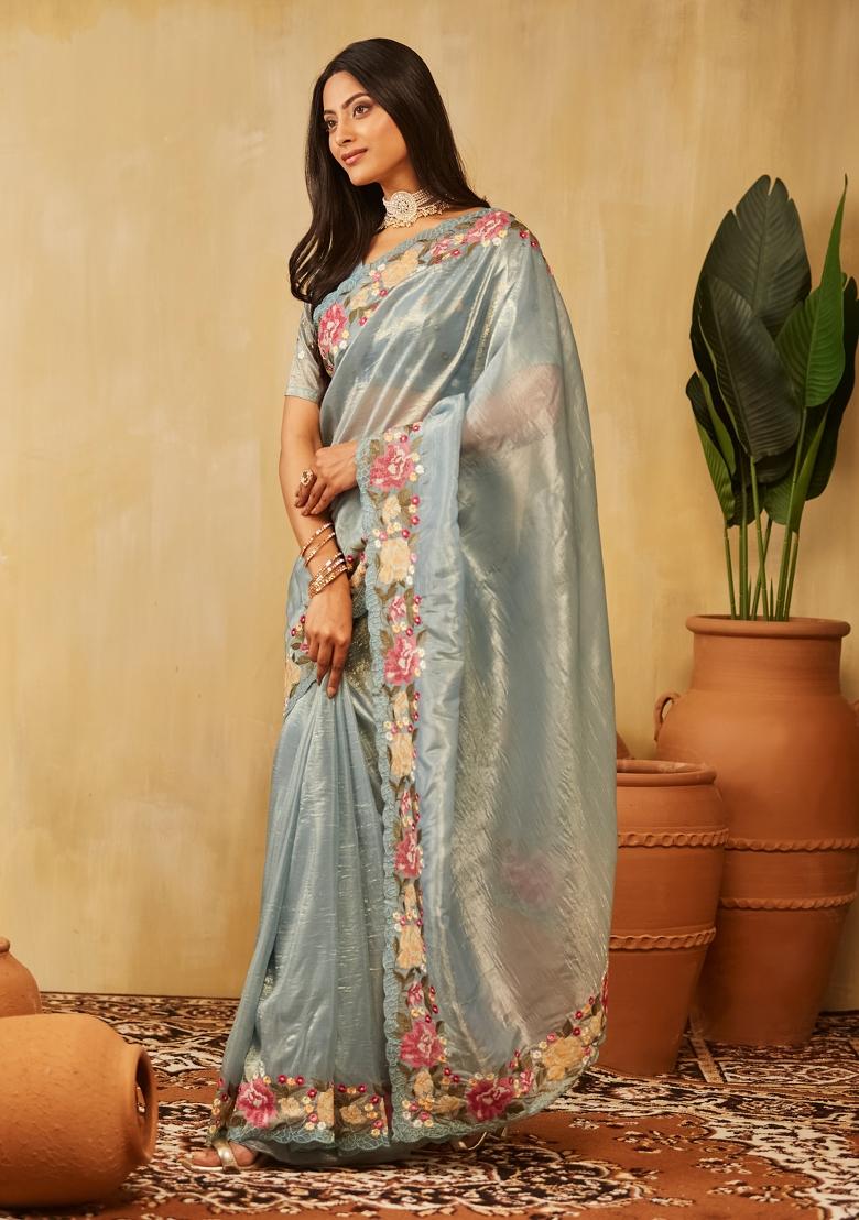 Teal Blue Embroidered Organza Saree Set