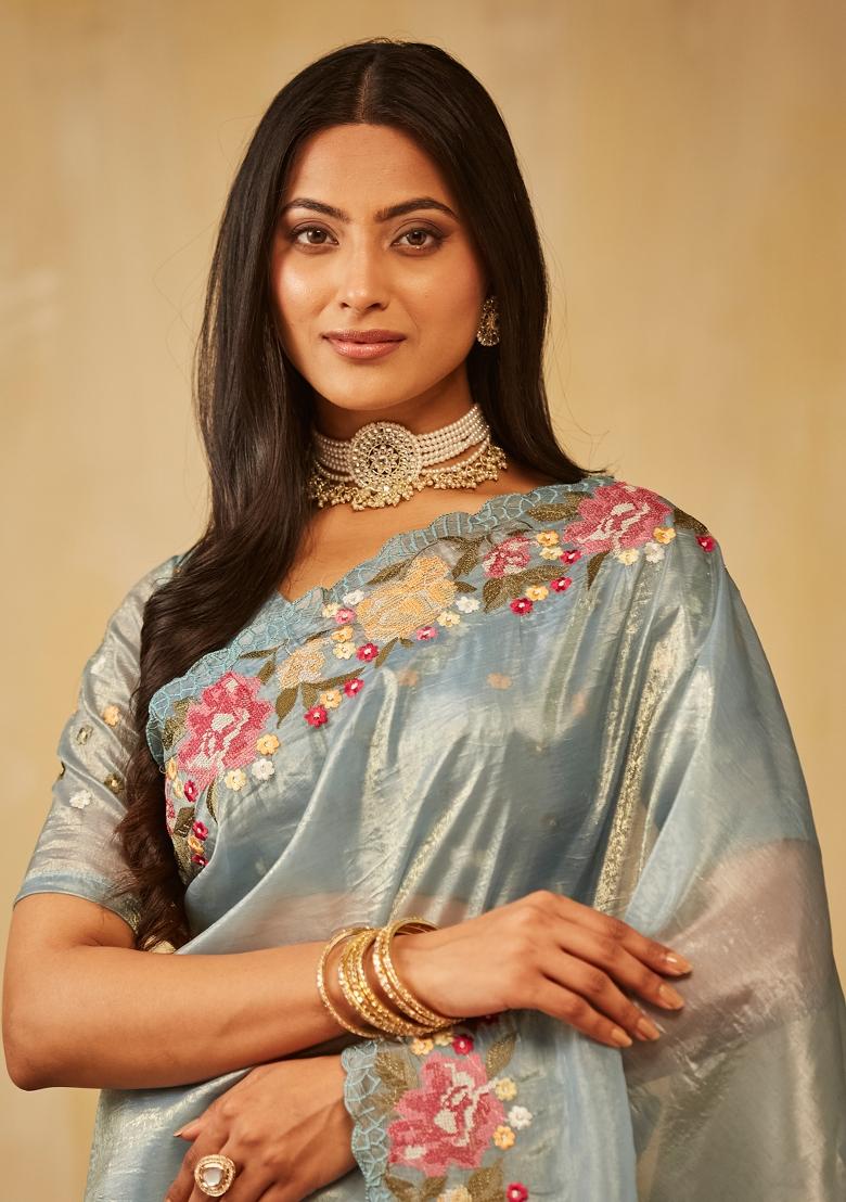 Teal Blue Embroidered Organza Saree Set