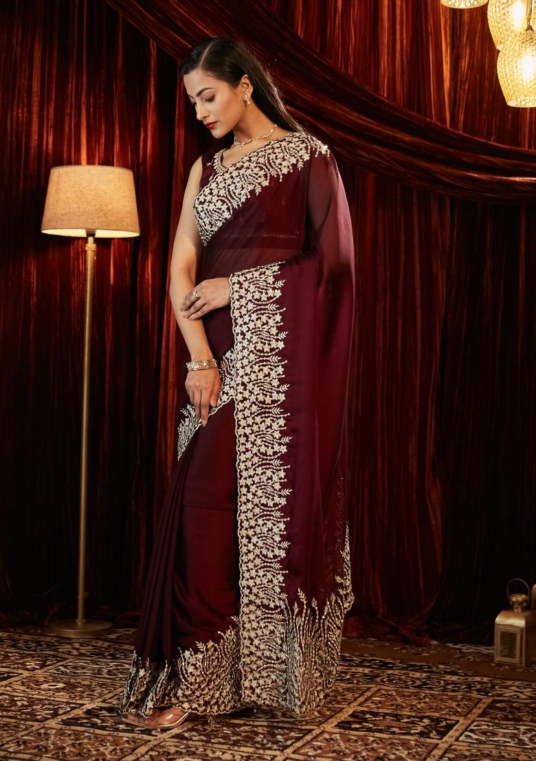 Purple Embroidered Silk Blend Saree Set