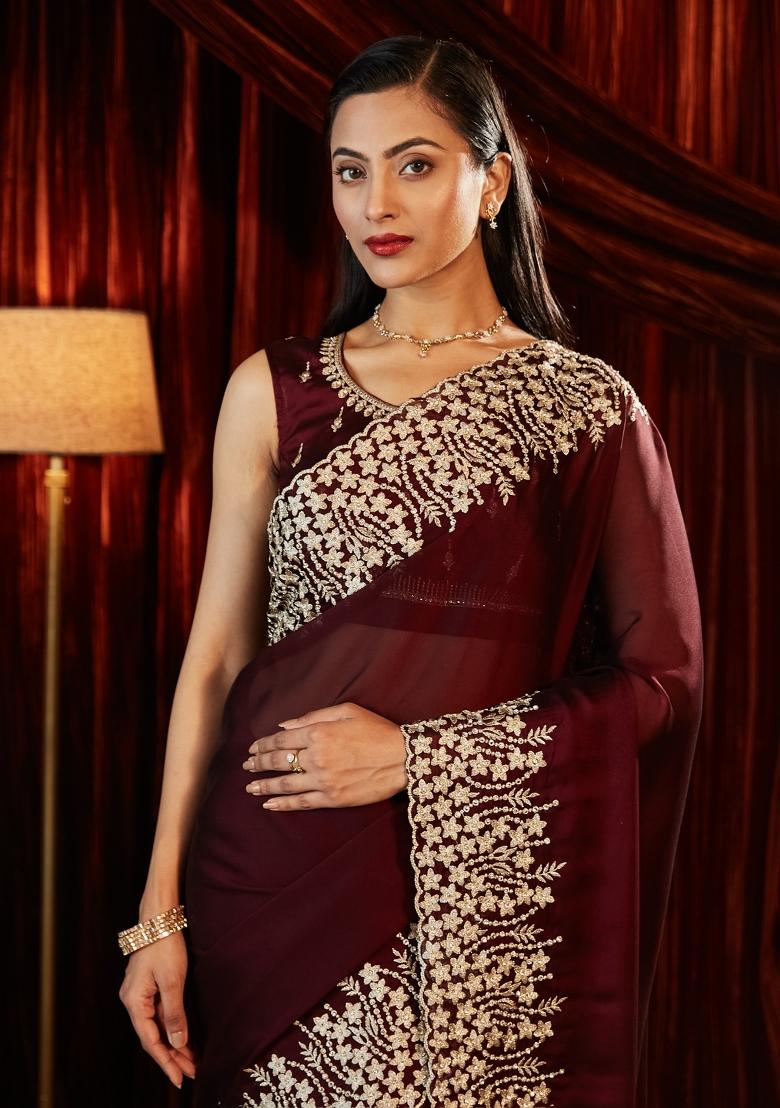 Purple Embroidered Silk Blend Saree Set