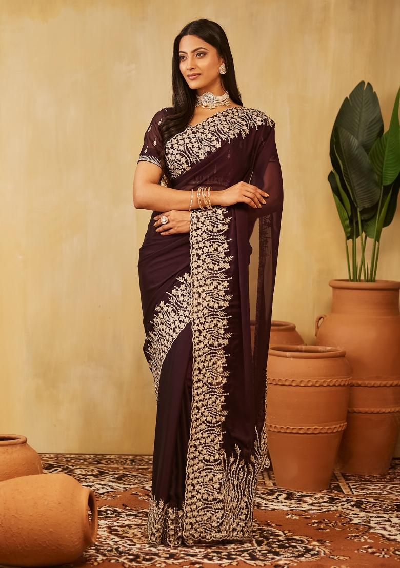 Magenta Embroidered Silk Blend Saree Set
