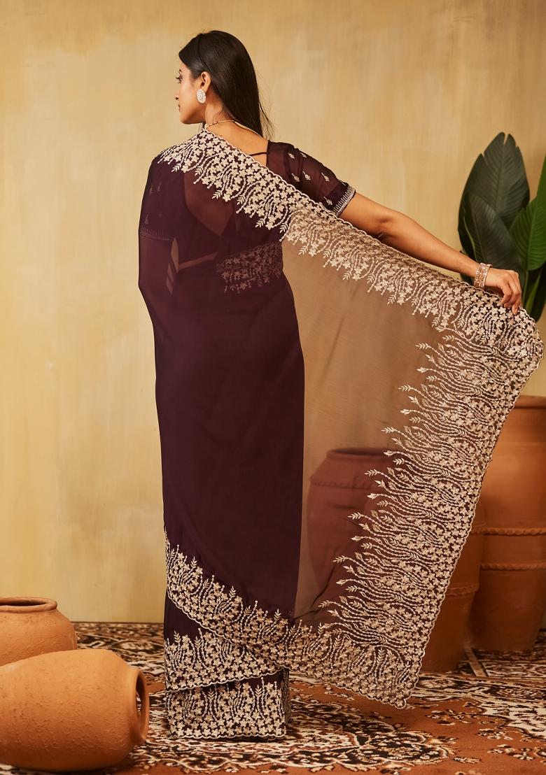 Magenta Embroidered Silk Blend Saree Set