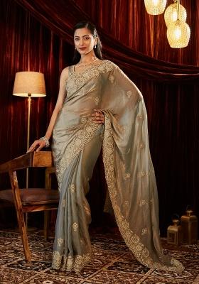Taupe Embellished Silk Blend Saree Set