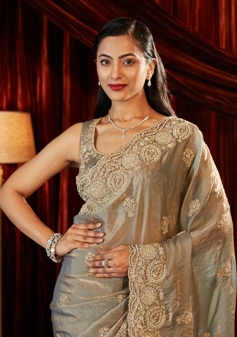 Taupe Embellished Silk Blend Saree Set