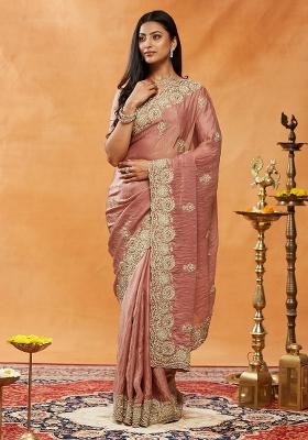 Pink Embellished Silk Blend Saree Set