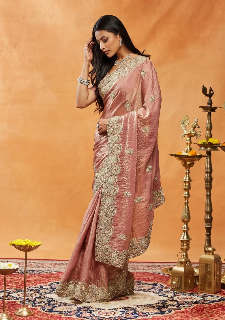 Pink Embellished Silk Blend Saree Set
