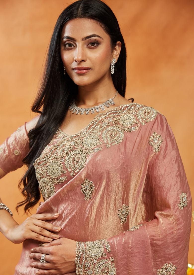 Pink Embellished Silk Blend Saree Set