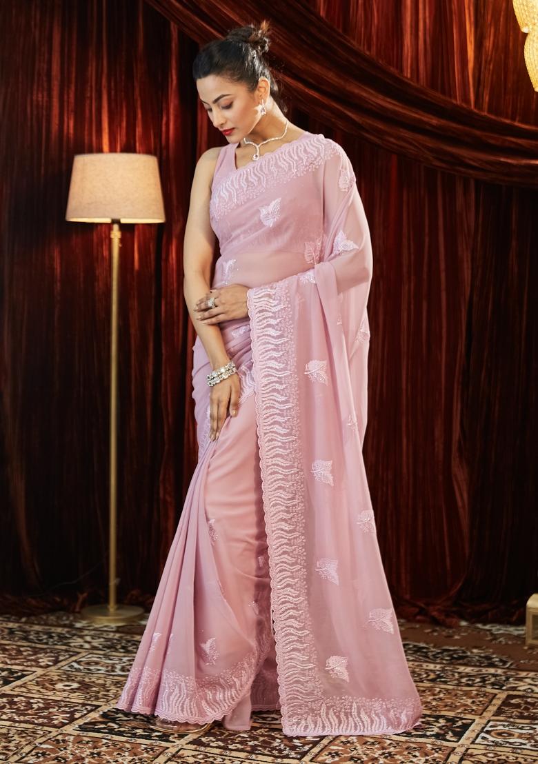 Lavender Embellished Georgette Saree Set