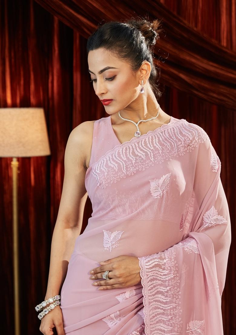 Lavender Embellished Georgette Saree Set