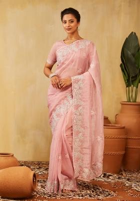 Pink Embroidered Silk Blend Saree Set