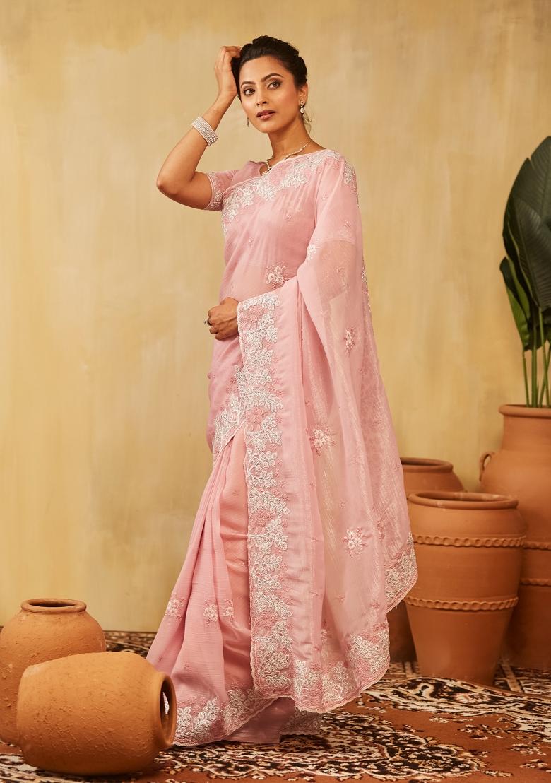 Pink Embroidered Silk Blend Saree Set
