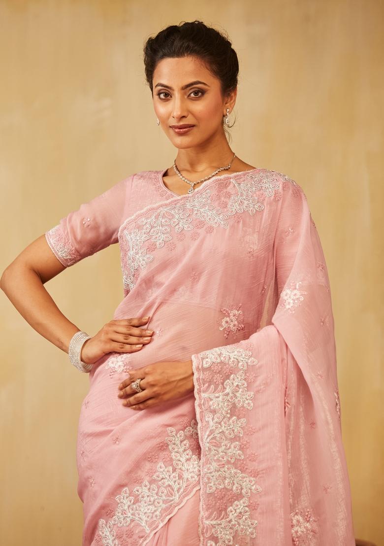 Pink Embroidered Silk Blend Saree Set