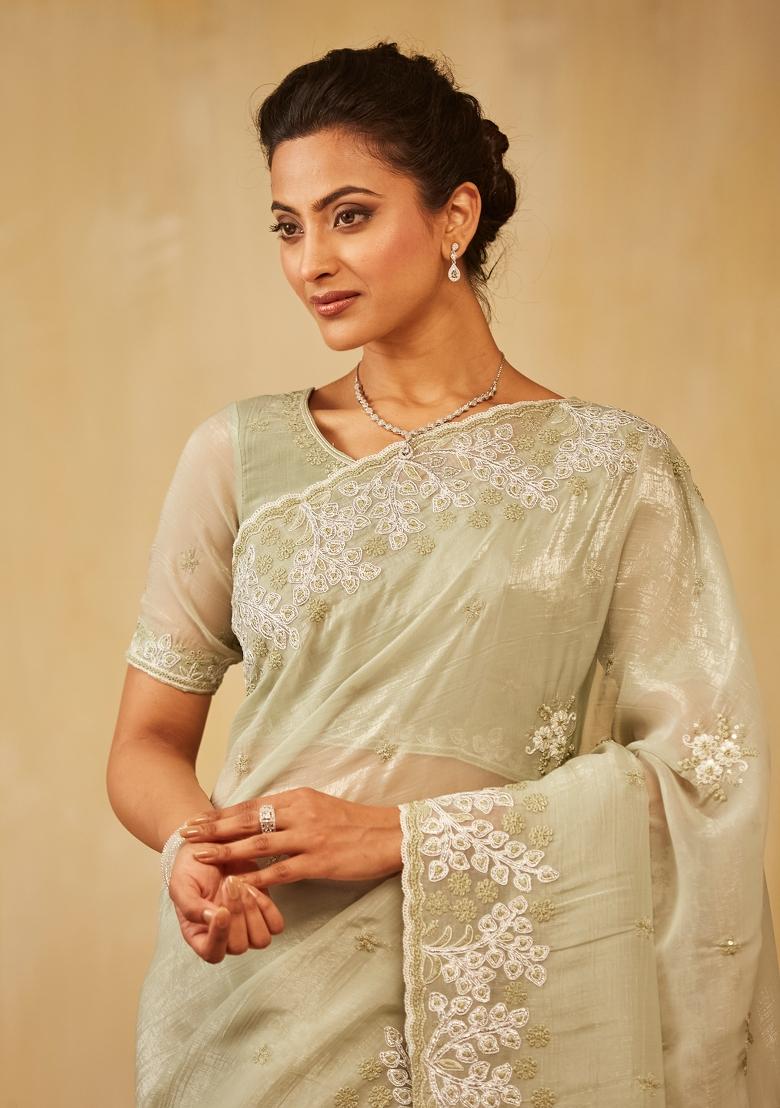 Olive Green Embroidered Silk Blend Saree Set