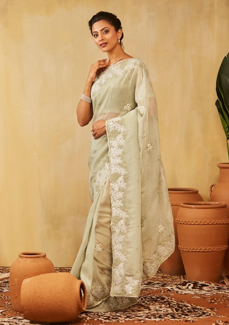 Turquoise Blue Embroidered Silk Blend Saree Set