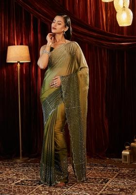 Olive Green Solid Silk Blend Saree Set