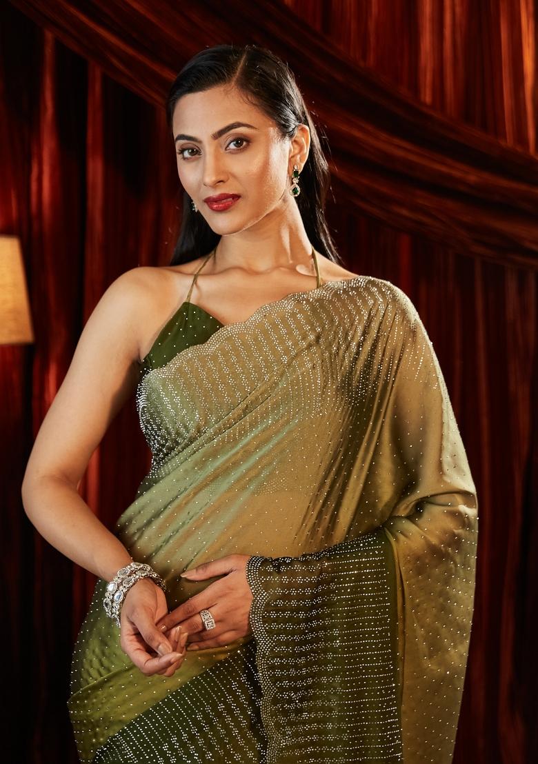 Olive Green Solid Silk Blend Saree Set