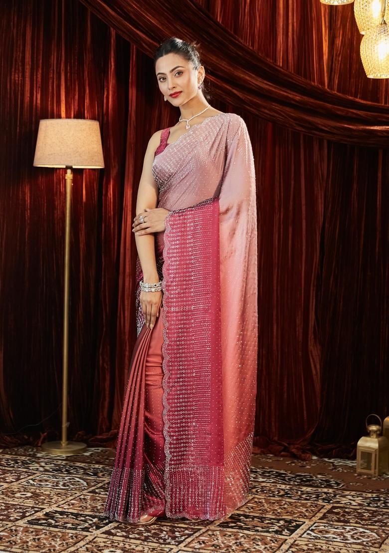 Fuchsia Pink Solid Silk Blend Saree Set