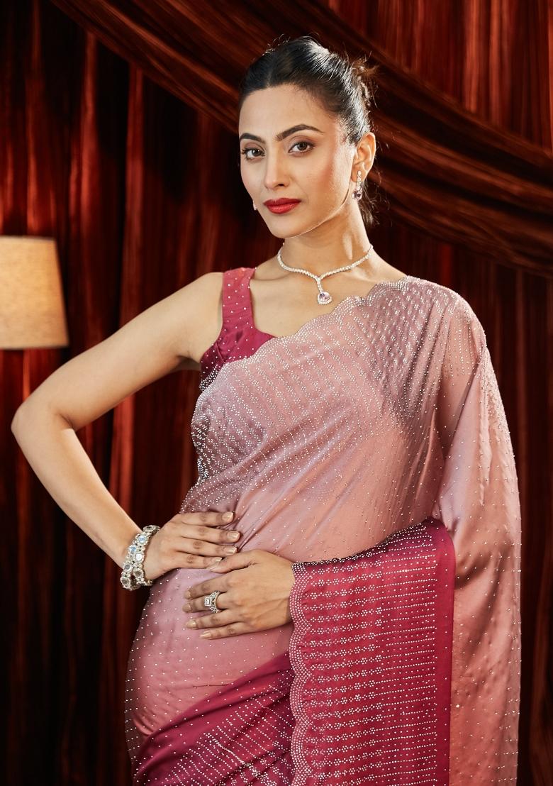 Fuchsia Pink Solid Silk Blend Saree Set