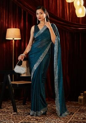 Turquoise Blue Embellished Silk Blend Saree Set
