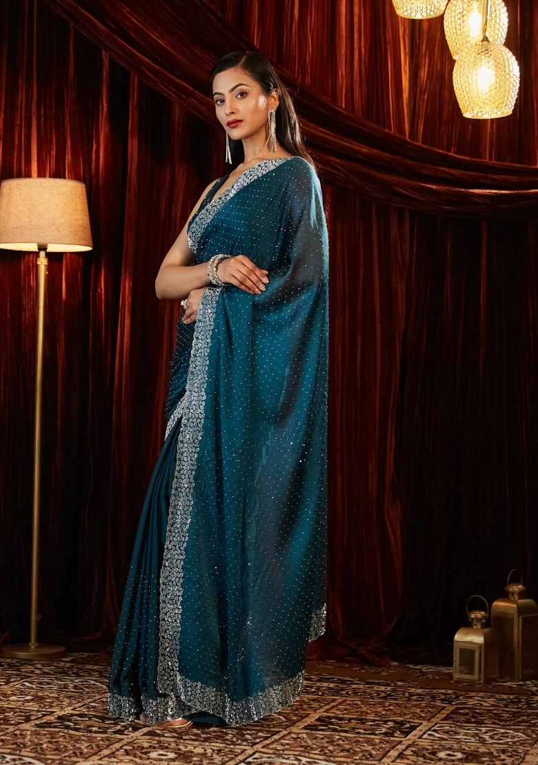 Turquoise Blue Embellished Silk Blend Saree Set