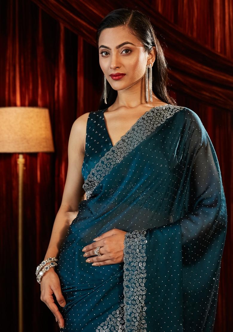 Turquoise Blue Embellished Silk Blend Saree Set