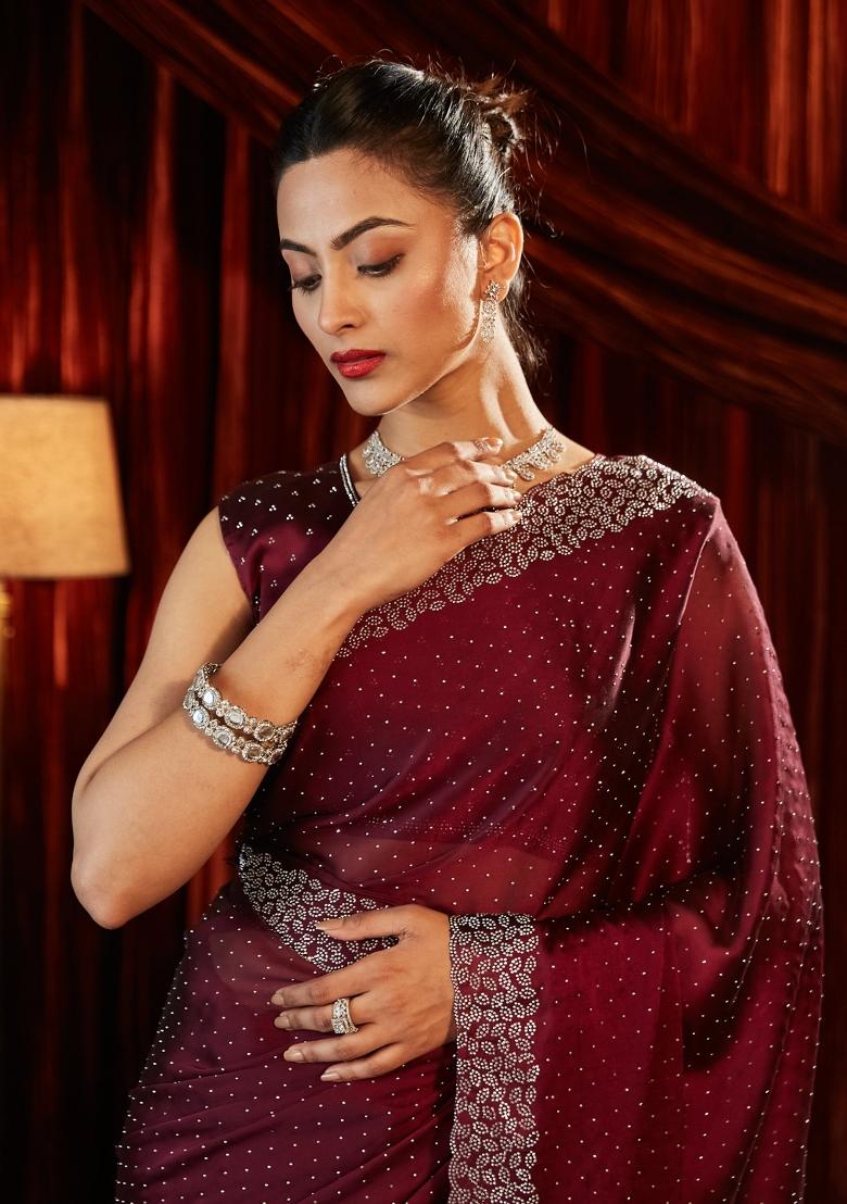 Rose Pink Embellished Silk Blend Saree Set