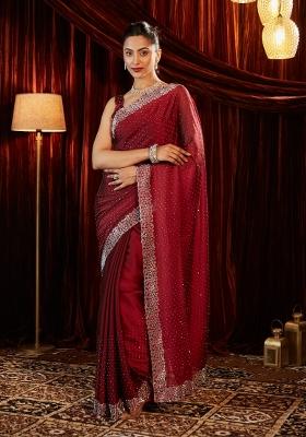 Red Embellished Silk Blend Saree Set