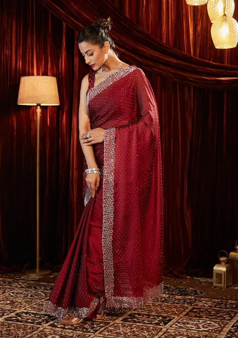 Red Embellished Silk Blend Saree Set