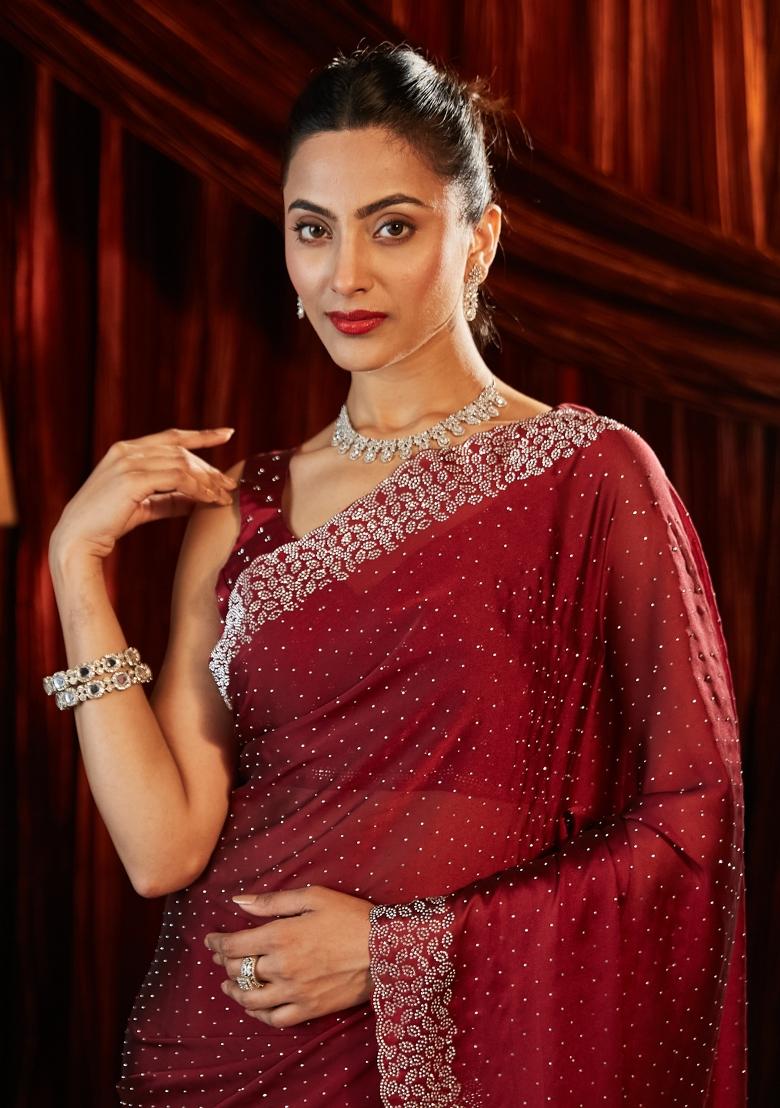 Red Embellished Silk Blend Saree Set