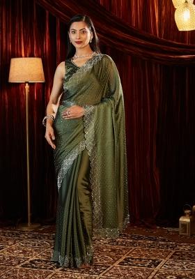 Olive Green Embellished Silk Blend Saree Set