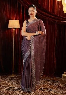 Lavender Embellished Silk Blend Saree Set