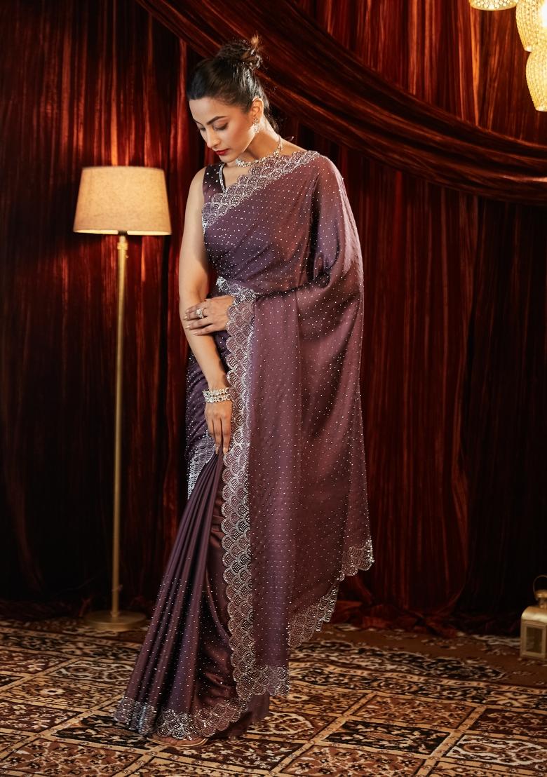 Lavender Embellished Silk Blend Saree Set