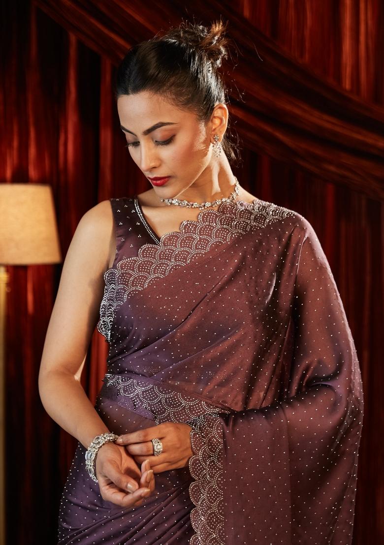Lavender Embellished Silk Blend Saree Set