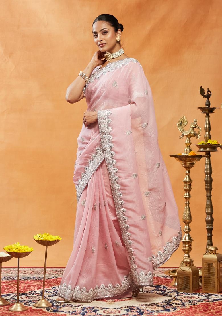 Pink Embellished Silk Blend Saree Set